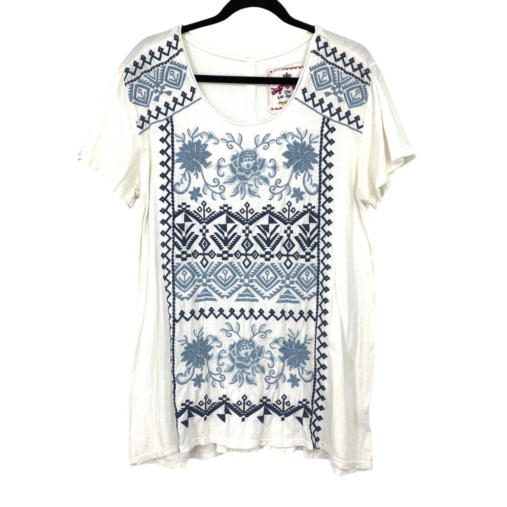 Johnny Was Joy Love Light Top Womens L Ivory Blue Geometric Embroidered Tee